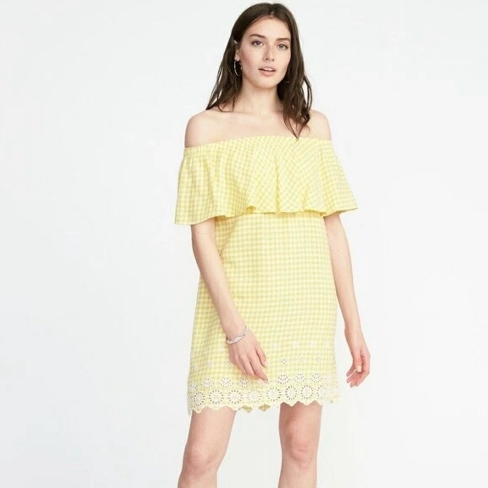 Old Navy Women’s Yellow White 3X Gingham Midi Dress Eyelet Summer Strapless